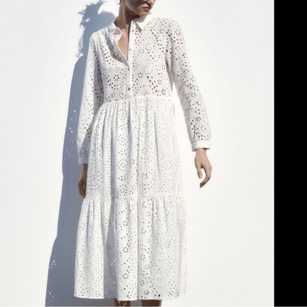 Zara White Eyelet Midi Dress (Oversized)